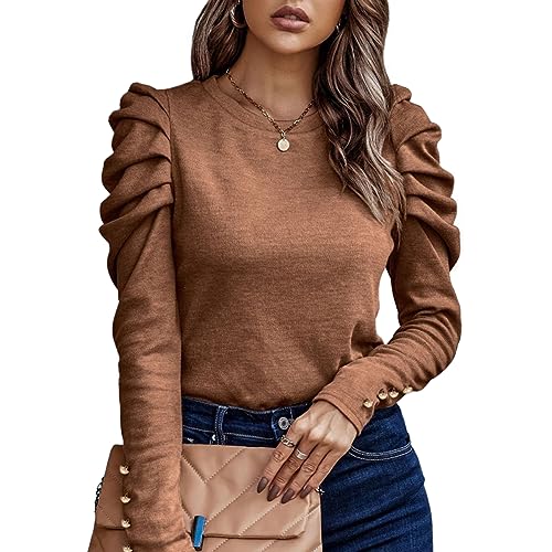 KONFEN Damen Langarm Rundhals Oberteile, Top Langarmshirt Bluse Kaschmir Gebürstet mit Puffärmel, Casual Shirts Top Elegant Herbst Winter Einfarbig Schlanke Passform, Braun L von KONFEN