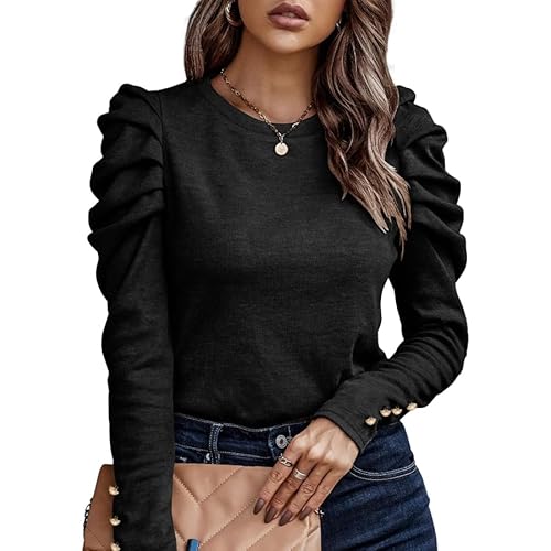 KONFEN Damen Langarm Rundhals Oberteile, Top Langarmshirt Bluse Kaschmir Gebürstet mit Puffärmel, Casual Shirts Top Elegant Herbst Winter Einfarbig Schlanke Passform, Schwarz XL von KONFEN