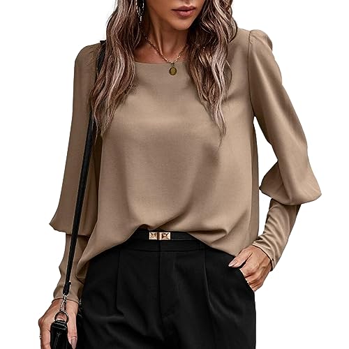 KONFEN Damen Langarm Rundhals Oberteile, Top Langarmshirt Bluse Laternenärmel mit Geknöpfte Ärmel und Knopfleiste hinten, Casual Shirts Top Elegant Herbst Winter Lockeres Hemd, Braun L von KONFEN