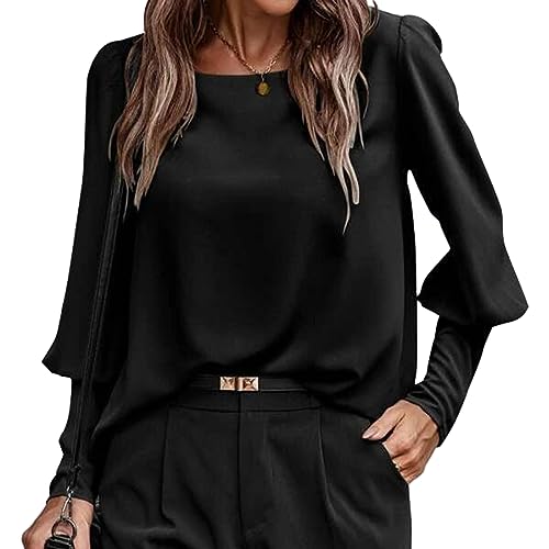 KONFEN Damen Langarm Rundhals Oberteile, Top Langarmshirt Bluse Laternenärmel mit Geknöpfte Ärmel und Knopfleiste hinten, Casual Shirts Top Elegant Herbst Winter Lockeres Hemd für Frauen, Schwarz XL von KONFEN