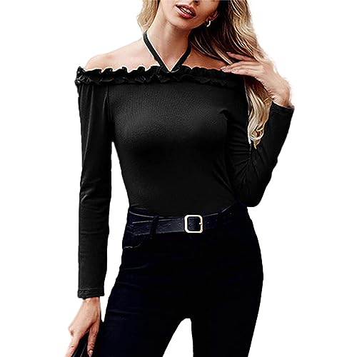 KONFEN Damen Langarm Schulterfrei Oberteile, Off The Shoulder Langarmshirt aus Geripptem Stoff, Casual Halsausschnitt Shirts Top Elegant Herbst Winter Einfarbig Schlanke Passform, Schwarz L von KONFEN