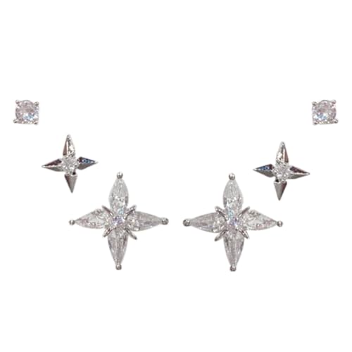 KONFEN Damen Ohrringe Stecker Sets 3 Paar, Schmuck Ohrstecker mit 925 Sterling Silber Stift und Cubic Zirconia für Frauen, Damen Sterne Formen Ohrringe, Geschenke für Mädchen, Silber von KONFEN