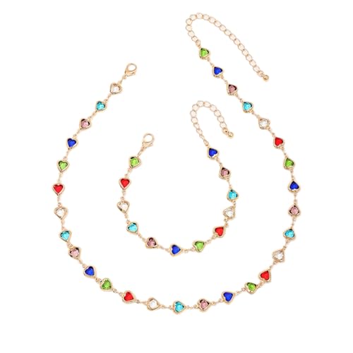 KONFEN Damen Schmuck Sets, Schmuckset Halskette und Armband Set mit Herz Form Farbiges Glas für Frauen, Schmucksets Halsketten Verstellbare Länge Armbänder Geschenke für Mädchen, Gold von KONFEN
