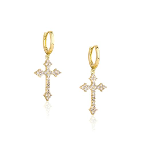 KONFEN Damen Strass Kreuzan Hängend Lange Ohrringe, Strasssteinen Hängeohrringe Lang Earrings Ohrhaken mit Ring Verstellbare Stecker Jewelry Schmuck Glänzend Women Frauen Mädchen, Goldene von KONFEN