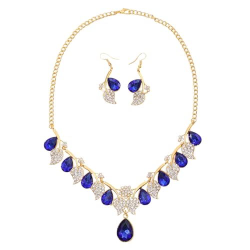 KONFEN Frauen Schmuck-Sets, Schmuck Funkelnden Kubischen Zweig Verstellbare Kette Blatt Ohrring Schmuck-Sets, Geburtstag Hochzeiten Geschenke Kostüm-Accessoires 2 PCS, Blau von KONFEN