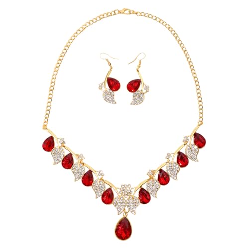 KONFEN Frauen Schmuck-Sets, Schmuck Funkelnden Kubischen Zweig Verstellbare Kette Blatt Ohrring Schmuck-Sets, Geburtstag Hochzeiten Geschenke Kostüm-Accessoires 2 PCS, Rot von KONFEN