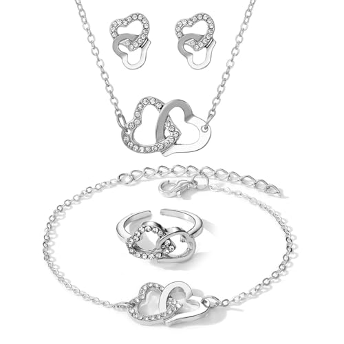 KONFEN Frauen Schmuck-Sets, 4 Pcs Braut Hochzeit Sparkly Edelstein-Schmuck, Mode Doppelte Liebe Verstellbare Halskette, Ohrringe und Armband Ring Geburtstag Hochzeiten Geschenke, Silber von KONFEN