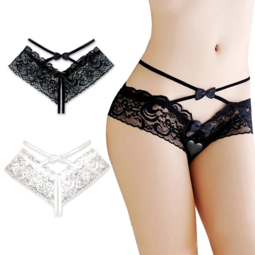 KONFEN Damen String Tanga Sexy 2PCS, Erotische Translucent Dessous Panty Offen Ouvert, Spitze Unterhose Unterwäsche Erotisch 2er Pack, Schwarz + Weiß von KONFEN