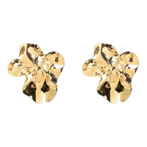 KONFEN Damen Unregelmäßiges Metallblütenblatt Ohrringe Asymmetrische Faltenelement Blumenohrringe Earrings Verstellbare Flower Stecker Jewelry Schmuck Glänzend Women Frauen Mädchen Goldene von KONFEN