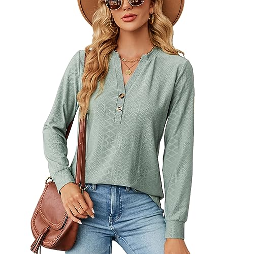 KONFEN Damen V-Ausschnitt Langarm Bluse, Knopfleiste Top Oberteile Langarmshirt, Casual Shirts Top Elegant Herbst Winter Einfarbig Lockeres Hemd, Grün L von KONFEN