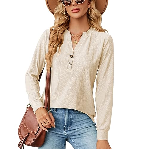 KONFEN Damen V-Ausschnitt Langarm Bluse, Knopfleiste Top Oberteile Langarmshirt, Casual Shirts Top Elegant Herbst Winter Einfarbig Lockeres Hemd, Mandel M von KONFEN