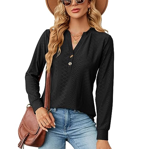 KONFEN Damen V-Ausschnitt Langarm Bluse, Knopfleiste Top Oberteile Langarmshirt, Casual Shirts Top Elegant Herbst Winter Einfarbig Lockeres Hemd, Schwarz L von KONFEN