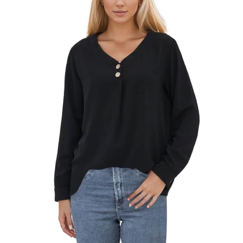 KONFEN Damen V-Ausschnitt Langarm Oberteile, Knopfleiste Top Oberteile Langarmshirt Bluse mit Knopfmanschette, Casual Shirts Top Elegant Herbst Winter Einfarbig Lockeres Hemd, Schwarz XL von KONFEN