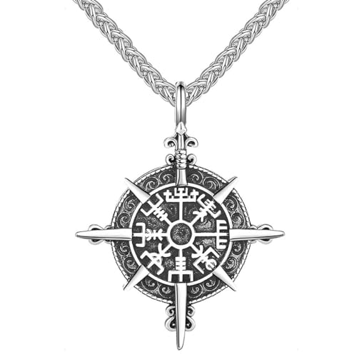 KONFEN Kette Herren Damen mit Anhänger, 24" Kompass Halskette mit Wikinger Symbole Kettenanhänger aus Edelstahl für Männer 60cm, Hip Hop Edelstahlkette Necklace Pendant Chain KONFEN Kette Herren Damen mit Anhänger, 24" Kompass Halskette mit Wikinger Symbole Kettenanhänger aus Edelstahl für Männer 60cm, Hip Hop Edelstahlkette Necklace Pendant Chain von KONFEN