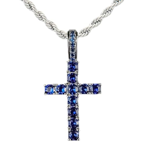 KONFEN Kette Herren Damen mit Anhänger, Kreuz Halskette Wikinger Kettenanhänger aus Edelstahl mit Zirkonia für Männer 60cm, Edelstahlkette Kruzifix Necklace Pendant Kreuzanhänger Cross Chain, Blau von KONFEN