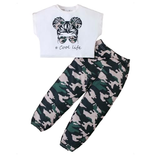 KONFEN Mädchen Bekleidungssets Sommer, Hip Hop Kurzarm Tanktops + Camouflage Hose mit Tasche Street Dance Outfit, T-Shirts Hosen Kleidungsset Dancewear für Mädchen 5-6 Jahre (Grün) von KONFEN