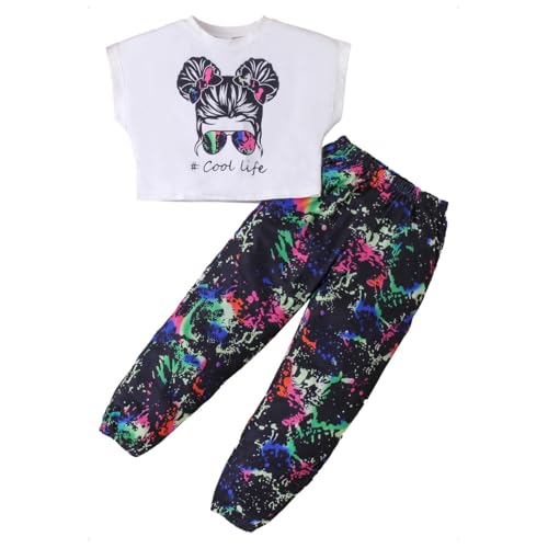 KONFEN Mädchen Bekleidungssets Sommer, Hip Hop Kurzarm Tanktops + Camouflage Hose mit Tasche Street Dance Outfit, T-Shirts Hosen Kleidungsset Dancewear für Mädchen 9-10 Jahre (Schwarz) von KONFEN