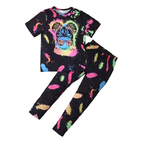KONFEN Mädchen Bekleidungssets Sommer, Tie-dye Hip Hop Kurzarm Tops + Hose Street Dance Outfit, T-Shirts Hosen Kleidungsset Dancewear Sommer Herbst für Mädchen 9-10 Jahre (Schwarz) von KONFEN