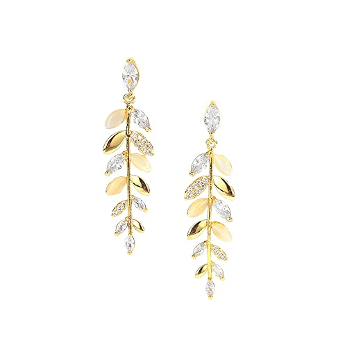 KONFEN Ohrringe Damen Gold, Blatt Ohrringe Hängend Tropfen Ohrhänger Lange Hängeohrringe mit AAA Zirkonia, Ohrring Ohrboutons Goldschmuck, Hypoallergen Ohrmuschel Schmuck für Mädchen (Gold) von KONFEN