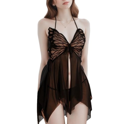 KONFEN Negligee Damen Sexy Nachtwäsche, Schmetterling Erotische Translucent Nackenband Dessous Set Nachthemd Frauen, Spitze Babydoll Offen Lingerie Unterwäsche Reizwäsche Set mit G-String (Schwarz) von KONFEN