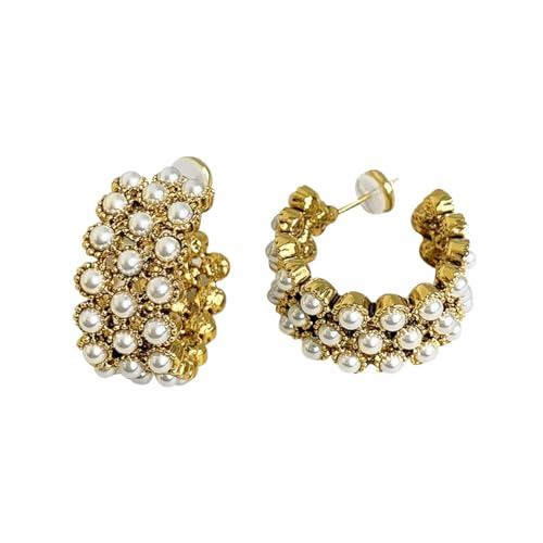 KONFEN Perlen Ohrringe Creolen, C-Form Chunky Perlen Ohringen Damen, Perlenohrringe Ohrring Hoop Earrings Ohr Creolen, Ohringe Oringe Hypoallergen Geometric Ohrmuschel für Mädchen (Gold) von KONFEN