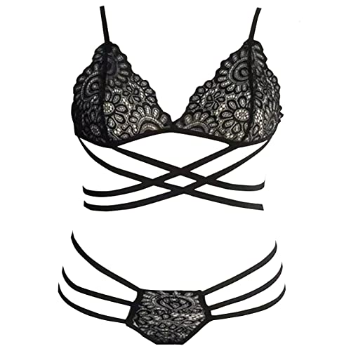 KONFEN Sexy Damen Dessous Set, Erotische Translucent Spitze Riemchen Lingerie mit Loch Reizwäsche BH und Höschen Sets, Verstellbare Unterwäsche für Frauen (Schwarz) von KONFEN