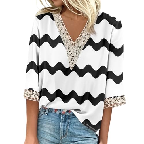 Bluse 3/4 Arm Damen Pullover V Ausschnitt Damen Damen Bluse Bluse Weiß Damen Strickpullover Damen Herbstoberteile Langarmshirt Damen T Shirts Damen Sommer Langarmshirt Damen(#C White,3XL) von KONG JIMFAN