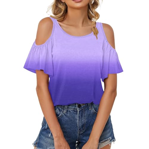 Blusenshirt Damen Schulterfreies U Ausschnitt Tshirt Druck Top Rüschen Kurze Ärmel Oberteil Casual Oversize Shirt Sexy Sommer Tunika Trendy Blusen Elegant Blouse Damen Oberteile(#C Purple,S) von KONG JIMFAN