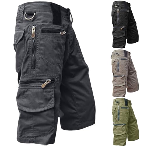 Cargohose Herren Knielang Kurze Hosen Stretch Shorts mit Mehreren Reißverschluss Taschen Shorts Freizeit Arbeitsshort Sommer Hose Baggy Sporthose Radlerhose Outdoor Wanderhose(#A Dunkelgrau,L) von KONG JIMFAN