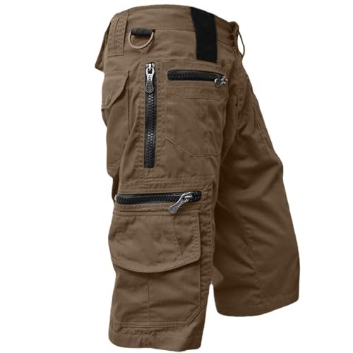 Cargohose Herren Kurz Hose Knielang Shorts Stretch Arbeitsshorts mit Mehreren Reißverschluss Taschen Sommer Männer Freizeit Shorts Baggy Radlerhose Sporthose Outdoor Wanderhose(#B Light Brown,M) von KONG JIMFAN