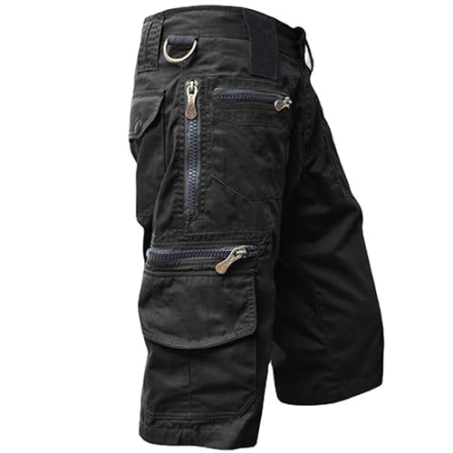 Cargohose Herren Kurz Hose Knielang Shorts Stretch Arbeitsshorts mit Mehreren Reißverschluss Taschen Sommer Männer Freizeit Shorts Baggy Radlerhose Sporthose Outdoor Wanderhose(#B Schwarz,S) von KONG JIMFAN