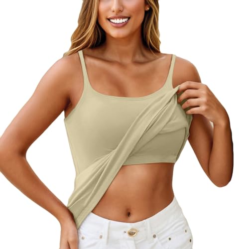 Damen Unterhemd BH-Hemd Basic U-Ausschnitt Eingebauter BH Bügelloser Gepolstert Verstellbare Tank Tops mit Integriertem Bh Ohne Bügel Einfarbig Bequeme Hemd Fitting Yoga BH(#2 Army Green,L) von KONG JIMFAN
