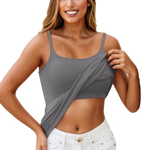 Damen Unterhemd BH-Hemd Basic U-Ausschnitt Eingebauter BH Bügelloser Gepolstert Verstellbare Tank Tops mit Integriertem Bh Ohne Bügel Einfarbig Bequeme Hemd Fitting Yoga BH(#3 Dark Gray,3XL) von KONG JIMFAN