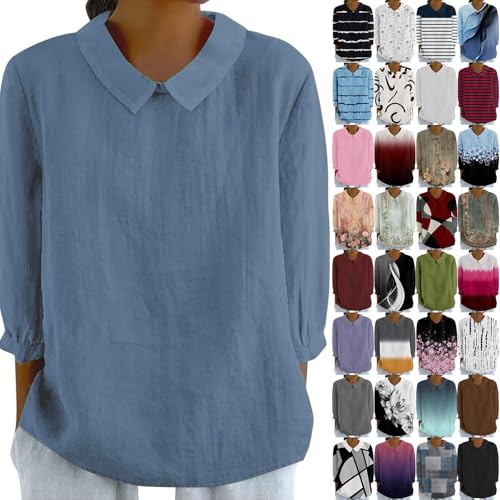 Discounter Leinenbluse Damen Musselin Bluse Shirt Damen 3/4 Arm Blusehemd Revers Rundhals Oberteil Tshirt Tunika Sommerblusen Damen Leicht Und Luftig Sportoberteile Frauen(#C Blue,L) von KONG JIMFAN