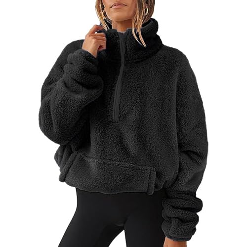 Fleecejacke Damen,Reißverschluss Ausschnitt Pullover Tasche Teddy Fleece Hoodie Warm Teddyjacke Stehkragen Sweatjacke Winterjacke Weich Übergangsjacke Komfort Mantel Plüschjacke Jacken(#C Black,XXL) von KONG JIMFAN