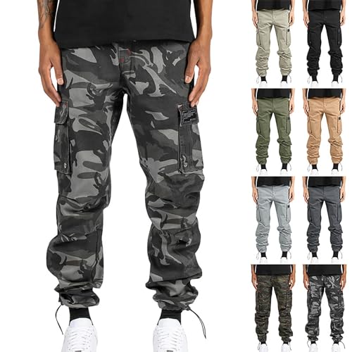 Herren Camouflage Cargohosen Taktische Hose mit Mehreren Taschen Militär Outdoorhose mit Kordelzug 2024 Freizeithose Leichte Arbeitshosen Comfort Radlerhose Haremshose Wanderhose Jagdhose(#A Grau,3XL) von KONG JIMFAN