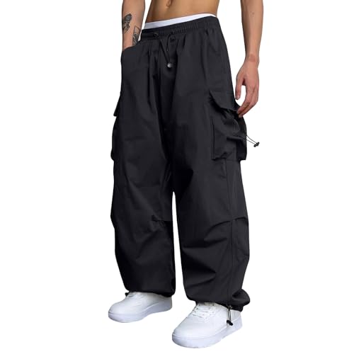 Herren Cargohosen Lang Fallschirmhosen Baggy Hose mit Taschen Y2K Sweathose mit Tunnelzug Outdoorhose 2024 Freizeithose Leichte Arbeitshosen Lässig Jogginghose Pants Streetwear(#B Black,XL) von KONG JIMFAN
