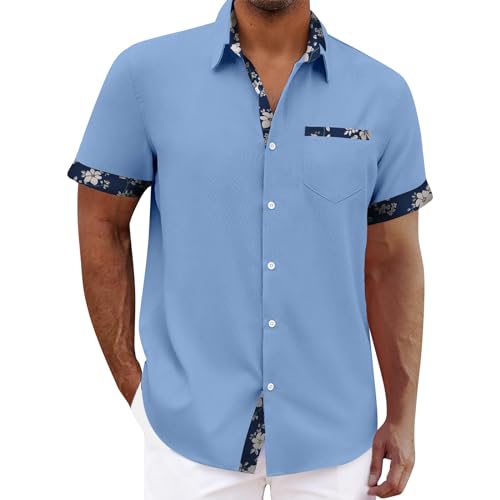Herren Hawaii Hemd,Button Down Revers Hemd Herren Kurzarm Freizeithemden Sommerhemd Strand Shirt Hawaii Print Tops Regular Fit T-Shirt Slim Fit Oberteile Festival Outfit(#3 Sky Blue,XXL) von KONG JIMFAN