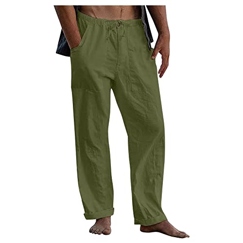 Herren Leinenhose Sommer Leichte Atmungsaktiv Hosen mit Kordelzug Loose Sommerhose Freizeithose Leinen & Baumwolle Hose Einfarbiges Stoffhose Casual Urlaub Strandhosen mit Taschen(#A Army Green,L) von KONG JIMFAN