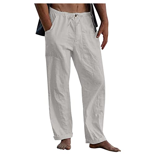 Herren Leinenhose Sommer Leichte Atmungsaktiv Hosen mit Kordelzug Loose Sommerhose Freizeithose Leinen & Baumwolle Hose Einfarbiges Stoffhose Casual Urlaub Strandhosen mit Taschen(#A Gray,XL) von KONG JIMFAN