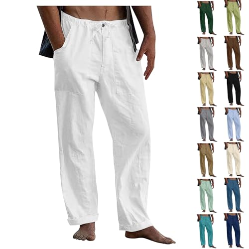 Herren Leinenhose Sommer Leichte Atmungsaktiv Hosen mit Kordelzug Loose Sommerhose Freizeithose Leinen & Baumwolle Hose Einfarbiges Stoffhose Casual Urlaub Strandhosen mit Taschen(#A White,XL) von KONG JIMFAN