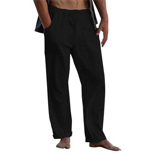 Herren Leinenhose Sommer Leichte Atmungsaktiv Hosen mit Kordelzug Loose Sommerhose Freizeithose Leinen & Baumwolle Hose Einfarbiges Stoffhose Casual Urlaub Strandhosen mit Taschen(#D Black,S) von KONG JIMFAN