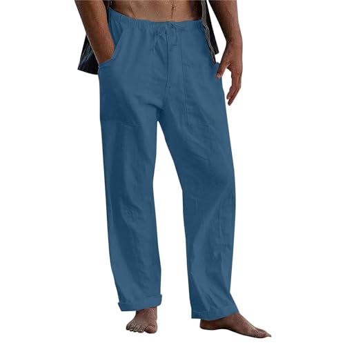 Herren Leinenhose Sommer Leichte Atmungsaktiv Hosen mit Kordelzug Loose Sommerhose Freizeithose Leinen & Baumwolle Hose Einfarbiges Stoffhose Casual Urlaub Strandhosen mit Taschen(#D Sky Blue,M) von KONG JIMFAN