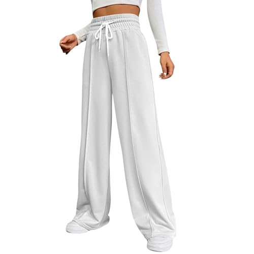 Jogginghose Damen Weite Sporthose Kordel Yogahose Baggy Freizeithose Lange Trainingshose Leicht Weich Sweatpants Einfarbig Joggpants High Waist Stoffhose Jogging Laufhosen Arbeitshose(Weiß,S) von KONG JIMFAN