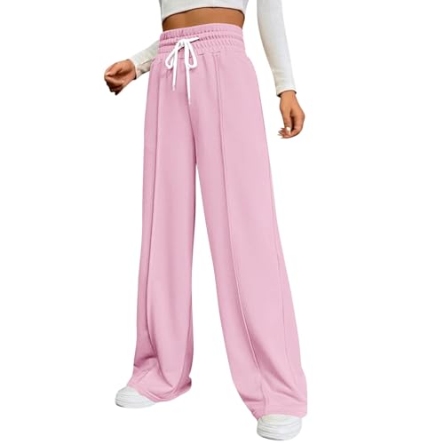 Jogginghose Damen Weite Sporthose Kordel Yogahose Baggy Freizeithose Lange Trainingshose Leicht Weich Sweatpants Einfarbig Joggpants High Waist Stoffhose Jogging Laufhosen Arbeitshose(Rosa,XXL) von KONG JIMFAN
