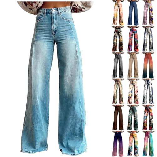 KONG JIMFAN Baggy Jeans Damen,Hohe Taille Weites Bein Jeanshosen 2025 Sommer Pants Washed Blue Vintage Denimjeans Boyfriend Schlaghose mit Taschen Halarajeans Freizeithose Y2k Streetwear von KONG JIMFAN