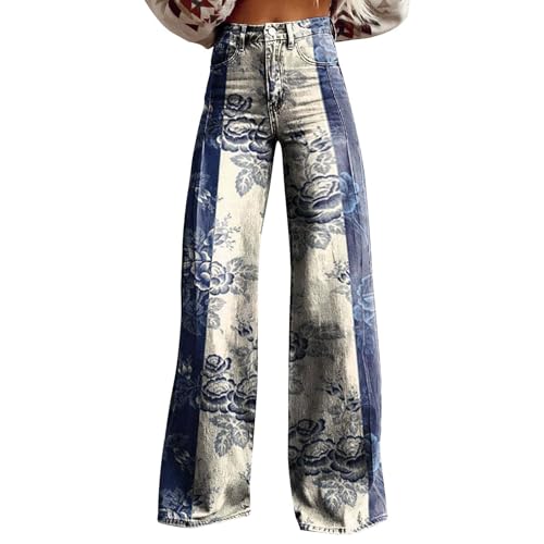 KONG JIMFAN Baggy Jeans Damen,Hohe Taille Weites Bein Jeanshosen 2025 Sommer Pants Washed Blue Vintage Denimjeans Boyfriend Schlaghose mit Taschen Halarajeans Freizeithose Y2k Streetwear von KONG JIMFAN