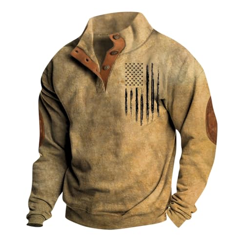Winterpullover Herren Geknöpfter V-Ausschnitt Winter Pulli Sweatshirts Ethnischer Retro Druck Top Sport Tshirts Lässige Herren Hoodie Harajuku Sweater Retro Unterhemden Oberteil Sweatjacke(2-Khaki,M) von KONG JIMFAN