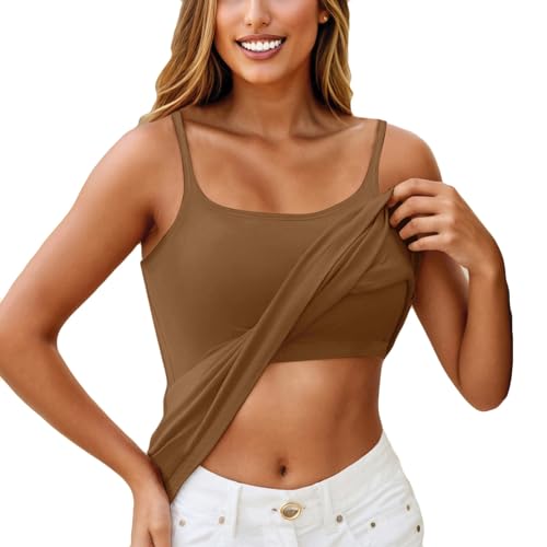 KONG JIMFAN Damen Unterhemd BH-Hemd Basic U-Ausschnitt Eingebauter BH Bügelloser Gepolstert Verstellbare Tank Tops mit Integriertem BH Ohne Bügel Einfarbig Bequeme Hemd Fitting Yoga BH(#3 Brown,S) von KONG JIMFAN