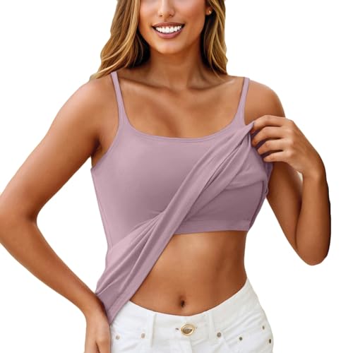 KONG JIMFAN Damen Unterhemd BH-Hemd Basic U-Ausschnitt Eingebauter BH Bügelloser Gepolstert Verstellbare Tank Tops mit Integriertem BH Ohne Bügel Einfarbig Bequeme Hemd Fitting Yoga BH(#3 Pink,S) von KONG JIMFAN